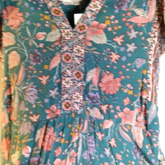 Anthropologie Floral Dress Flutter Sleeve Teal Coral XS - Picture 9 of 14